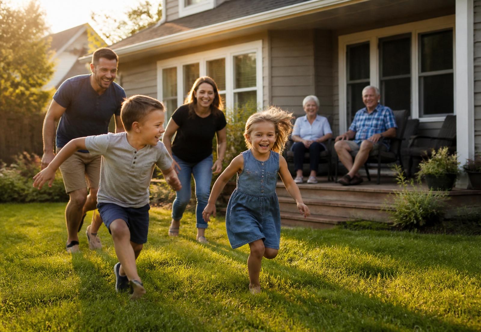 A Midwest family playing together outside their home